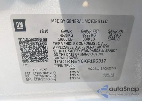 2019 Chevrolet Silverado 2500Hd Wt z USA, uszkodzony, nr VIN 1GC1KREY6KF196317